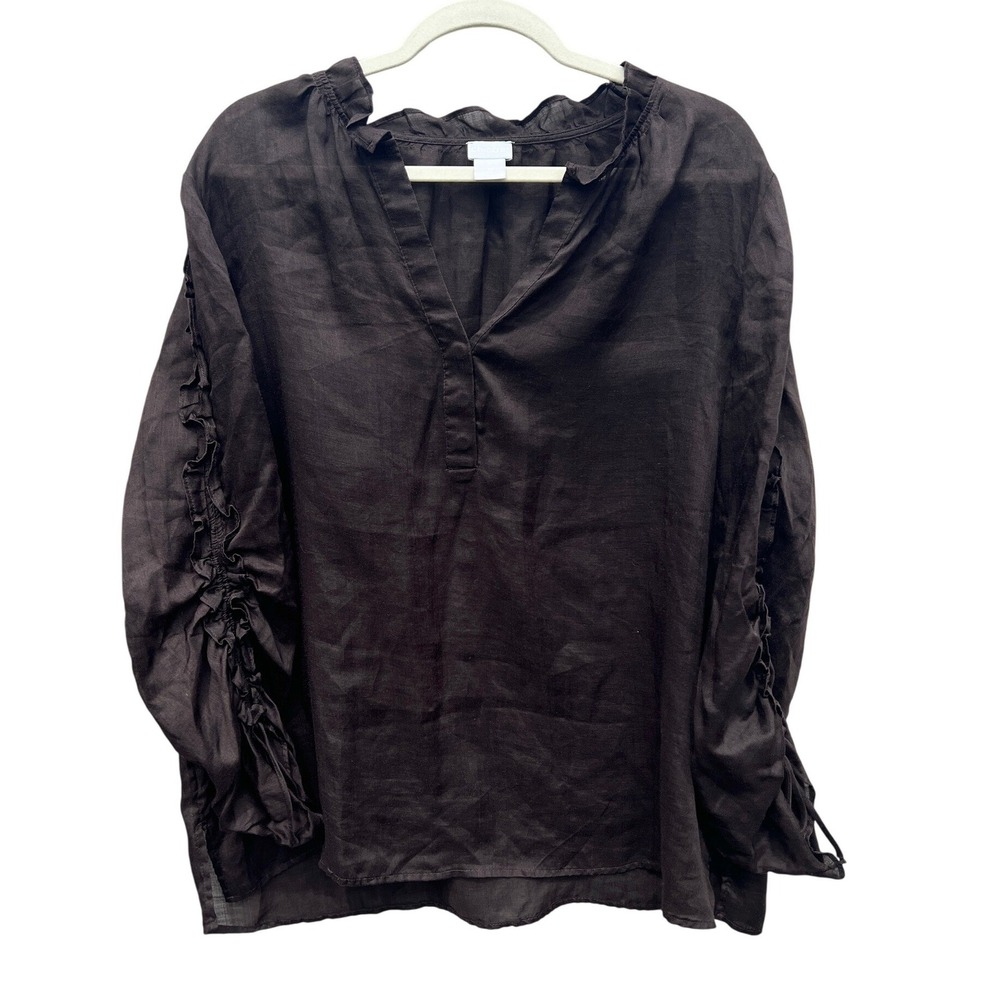 Chicos Sheer Brown Ruffle Sleeve V-Neck Blouse Popover Top 3 US‎ 16 Lagenlook
